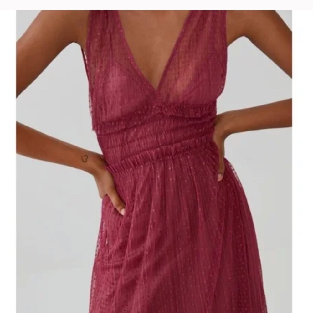 ZARA Burgundy Swiss Dot Tulle Maxi Dress Deep V Sleeveless Formal Small